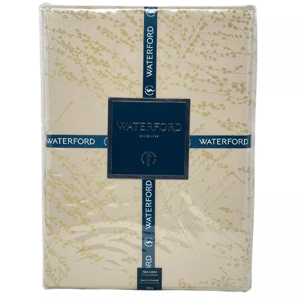 WATERFORD 70" x 84" Christmas Holiday Tablecloth Frosted Branches Ivory Gold NEW